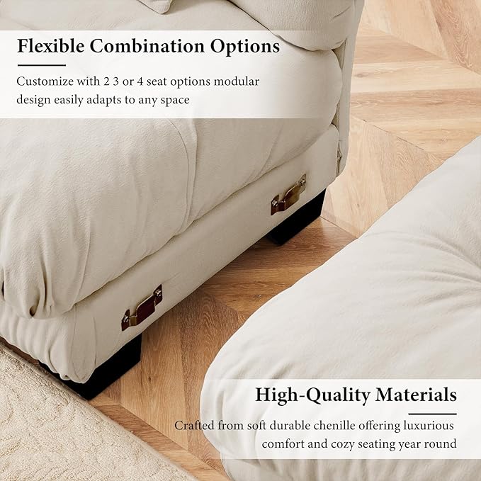 133.8 Oversized Couch 3 Seater Modular Sectional Sofa Beige Large L Shaped Sectional Couches for Living Room Fluffy Couch Set 3 Seater Velvet Cloud Couches with Ottoman Sofas for Living Room