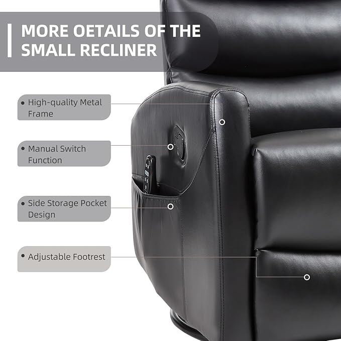 PELUMY 360° Swivel Rocker Recliner with Heat &amp Vibration Massage Glider Rocking Chair for Adults Compact Recliner for Living Room Small Spaces Nursery Bedroom (Breathable Leather Black)