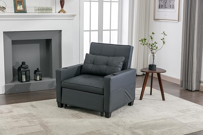 Futon Chair Bed Convertible Sleeper Chair3-in-1 Lazy Chair with USB PortsPull Out Chair Sleeper for Living Room Office Apartment (Leather Black)