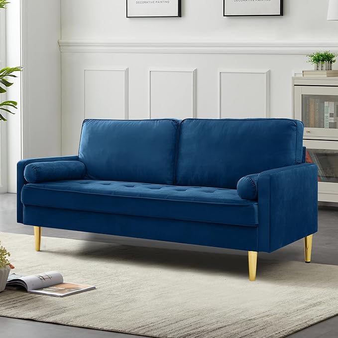 SZLIZCCC 67 LoveSeat Sofa Love Seat Couch Mid Century Modern Couchs Velvet Fabric Pull Dot Design Sofas with Two Round Pillows for Small Spaces Living Room Dorm Bedroom Apartment (67 Navy)