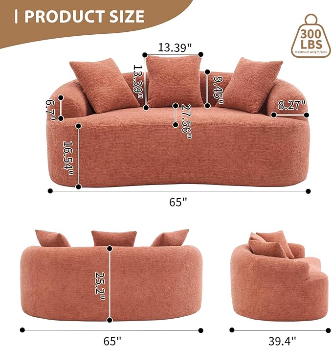 65” Coral Pink Curved Couch&amp Loveseat Sofa with 3 Pillows Compression Couch with Round Armrest Suitable for Small Space Bedroom Living Room Memory Foam Chenille No Assembly (Coral)