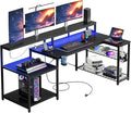 Bestier Gaming Desk with Power Outlet 71.5 inch LED Computer Desk with Monitor Stand L Shaped Large Desk with Metal Shelf Cup Holder &amp Headset Hooks Corner Desk for Bedroom 3D Carbon Fiber