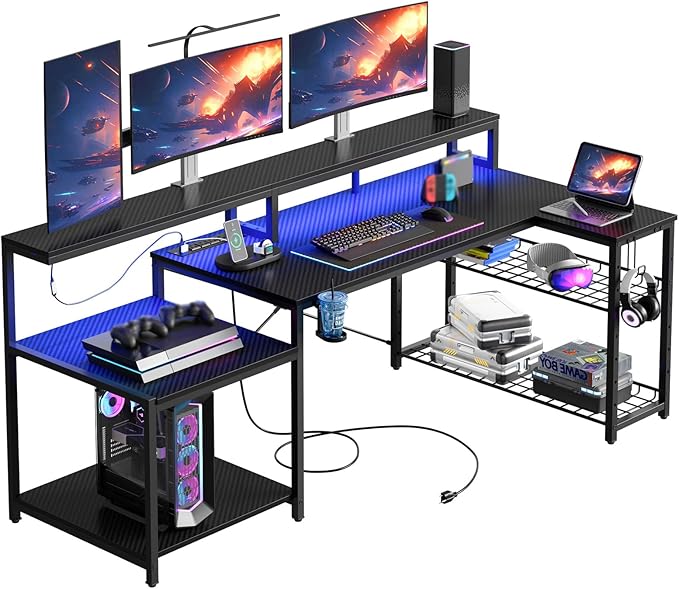 Bestier Gaming Desk with Power Outlet 71.5 inch LED Computer Desk with Monitor Stand L Shaped Large Desk with Metal Shelf Cup Holder &amp Headset Hooks Corner Desk for Bedroom 3D Carbon Fiber