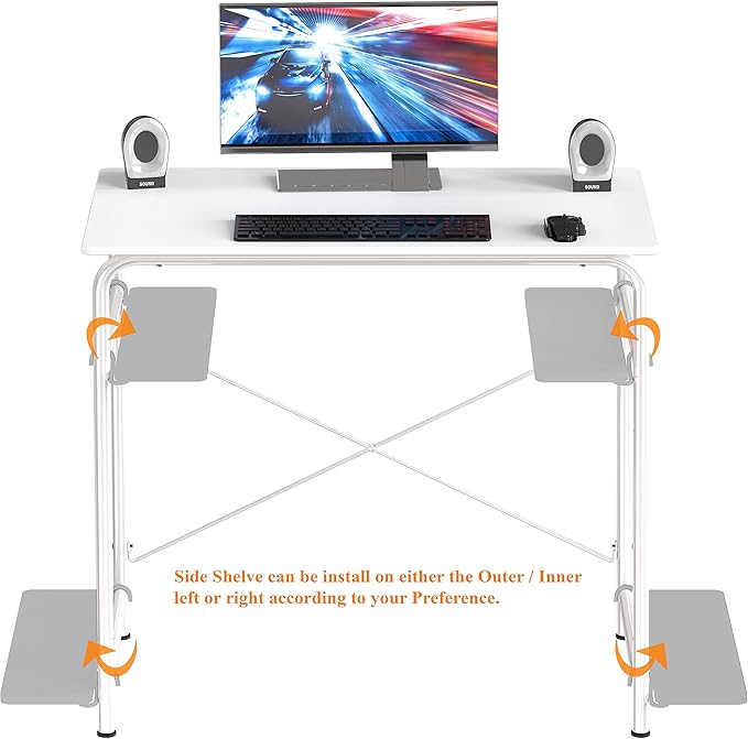 SHW Small Gaming Home Office Computer Desk with Shelf White