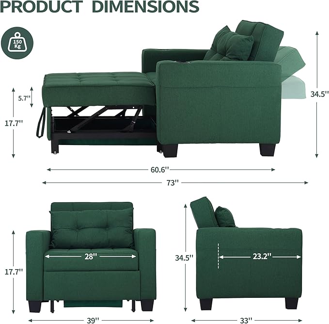 DURASPACE Futon Sofa Bed 3 in 1 Convertible Sofa Chair Bed Adjustable Backrest Chair Chaise Lounge with USB Ports Cup Holder Side Pocket Storage Box (Green)