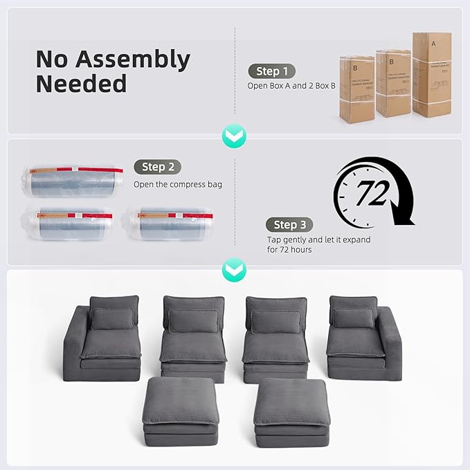 140 Sectional Couches Boneless Modular Sofa for Living Room with 2 Ottoman | No Assembly Required DIY Sofa Bed U shaped Couch | Corduroy Deep Seat with Double Layer Cushion &amp Removable Cover | Gr