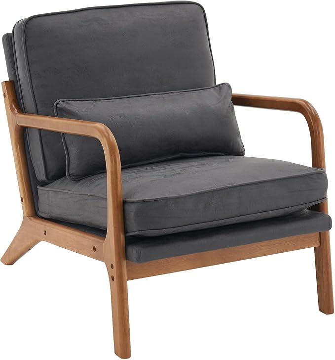 i-POOK Accent Chair Mid-Century Bronzing Cloth Upholstered Armchair with Pillow and Back Cushion Comfy Single Sofa Chair with Solid Wood Legs Reading Chair for Living Room Bedroom Office Dark Grey