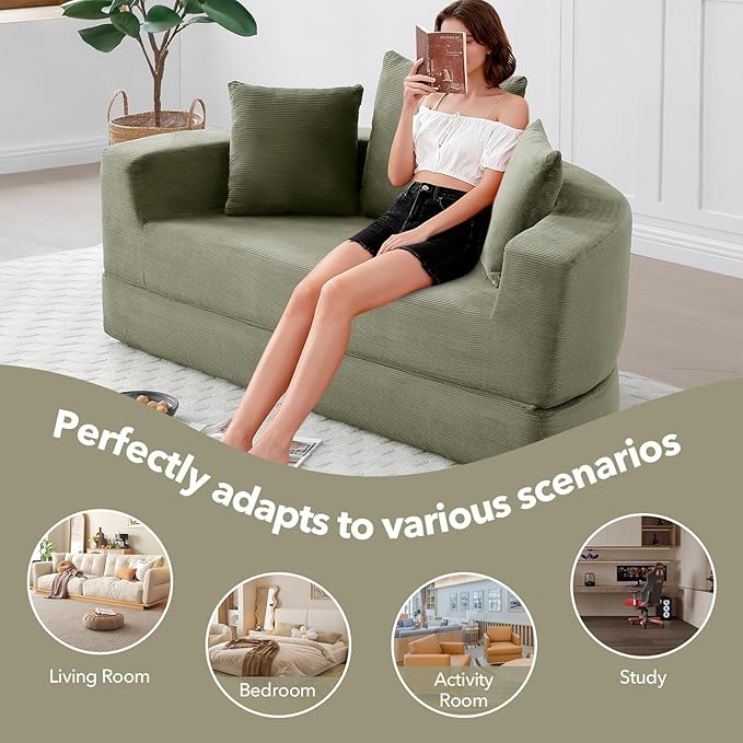 Round Boneless Couch Corduroy Upholstered Folding Convertible Sofa Bed with Pillows 2-in-1 Futon Sofa Bed with Half-Circle Design Comfy Loveseat for Living Room Apartment (Green)