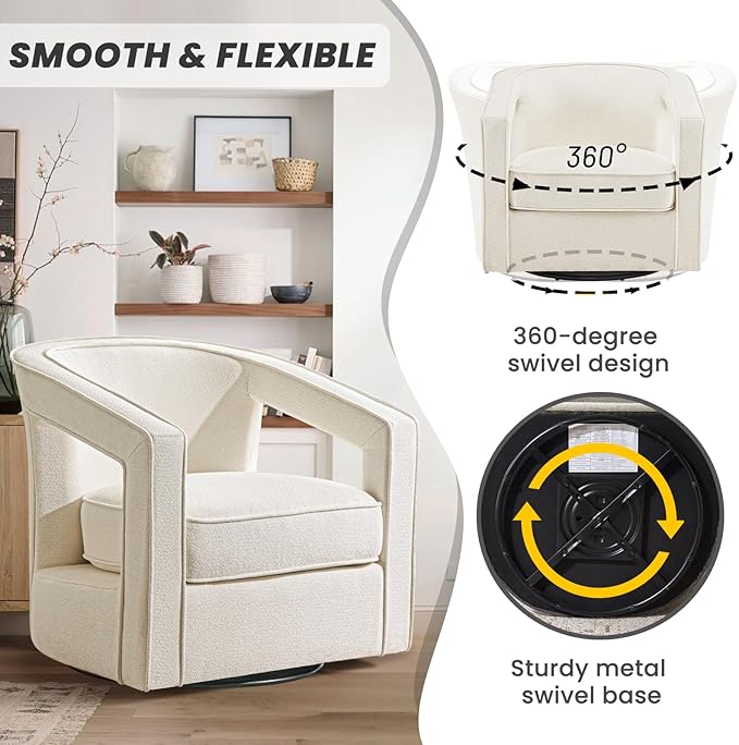 Furniliving Chenille Swivel Accent Chair for Living Room Upholstered Barrel Chair with Curved Back Comfortable Reading Chair for Bedroom Balcany Home Office White