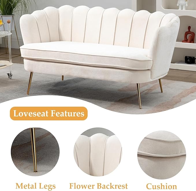 59 Wide Modern Boucle Loveseat Small Sofa Small Mini Room Couch 2-Seater Sofa with Gold Metal Legs for Space Office Studio Apartment Bedroom (Beige)