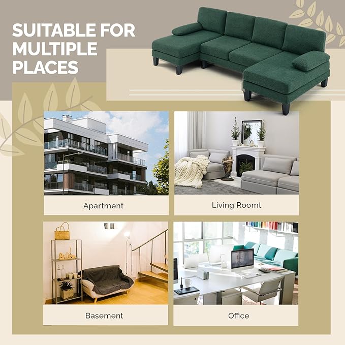 VINGLI 110' U-Shaped Sectional Couch with Two Chaise Affordable Small Sofa with 4 Seats Chenille Fabric Comfy Couches for Living Room Dark Green