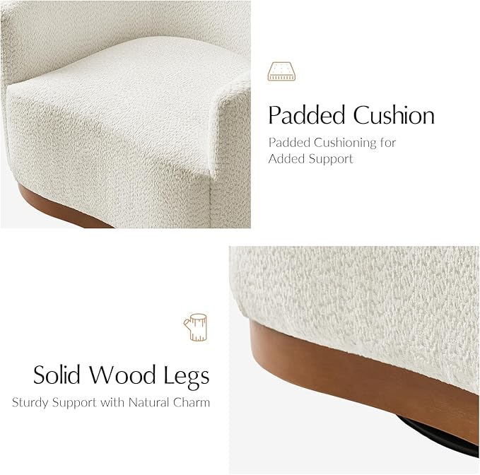 HULALA HOME Chenille Swivel Accent Chair Fully Assembled Comfy Upholstery Barrel Armchair with Sturdy Solid Wood Base Ivory