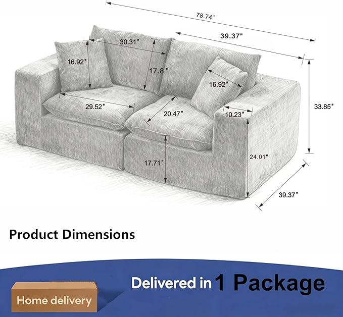Ball &amp Cast Modular Loveseat Cloud Sofa79'' Chenille Sectional Couch with Wider Armrest and Pillow2 Seat Upholstered Convertible Comfy Love seat Chenille Sofa Couches for Living RoomWhite