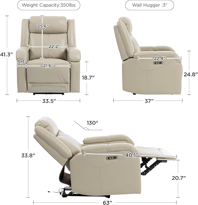 Faux Leather Power Recliner Chairs for AdultsClassic and Traditional Recliners with Arms and Back Electric Recliner Chair with Cup Holders &amp Charging Port Beige