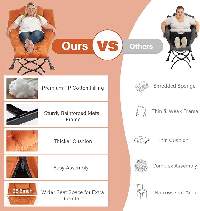 Lazy Chair with Folding Ottoman Modern Accent Armchair with Armrests Side Pocket &amp Foldable Footstool Reading Chair for Living Room Bedroom Dorm &amp Office Velvet Orange