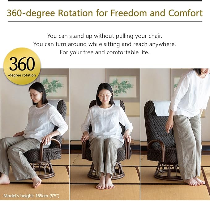 EMOOR Tatami Chair Japanese-Style Swivel Chair RYOKAN (Navy) Natural Rattan Armrest Recliner Living Room Upholstered Single Futon Sofa