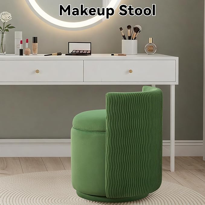 360° Swivel Velvet Vanity Chair with Storage Barrel Makeup Chair with Wave Back No Assembly Vanity Stool Small Accent Chair for Living Room Green