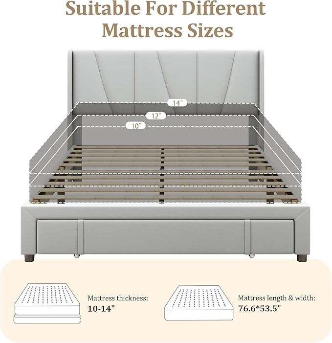 Full Bed Frame with Storage Drawers Upholstered Full Size Platform Bed with 47 Tall Headboard and Wingboard No Box Spring Needed Noise Free Easy Assembly Wooden Support Slats Light Grey