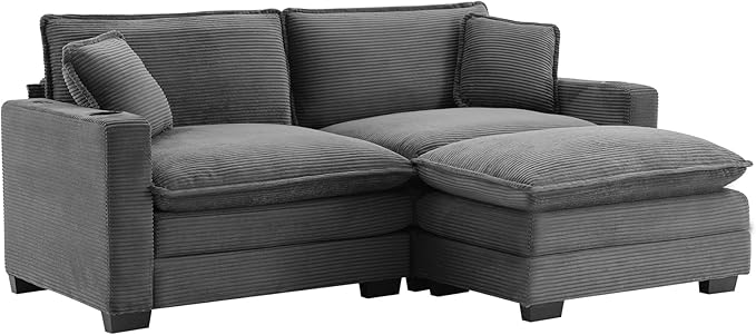 KIVENJAJA Corduroy Cloud Sectional Couch Modular Oversized Loveseat Sofa with Ottoman Cup Holders &amp USB Port Comfy 2 Seater Love Seat for Living Room Small Space 82.7”W Grey