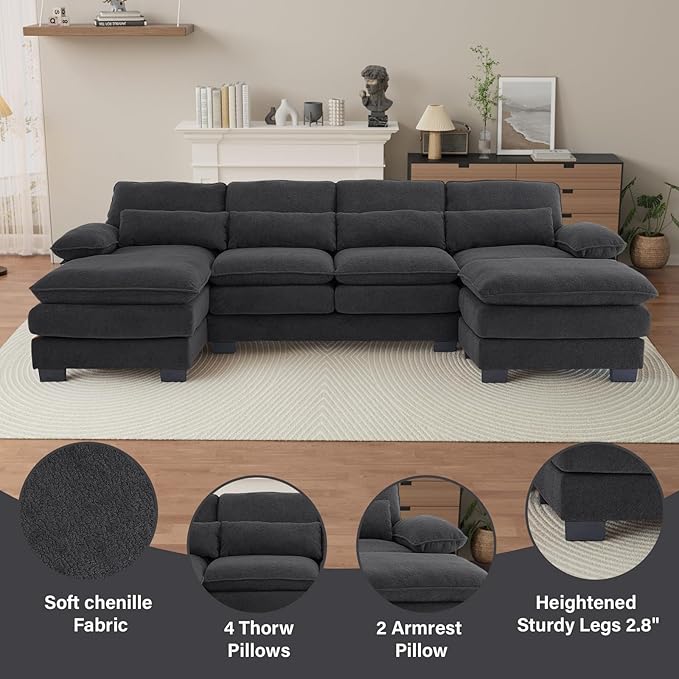 OUYESSIR 114 U Shape Sectional Cloud Couch with OttomanFluffy Sectional Couches for Living Room4 Seater Modular Sectionals SofaComfy Cloud Sofas &amp Couches with 4 PillowsDark Grey