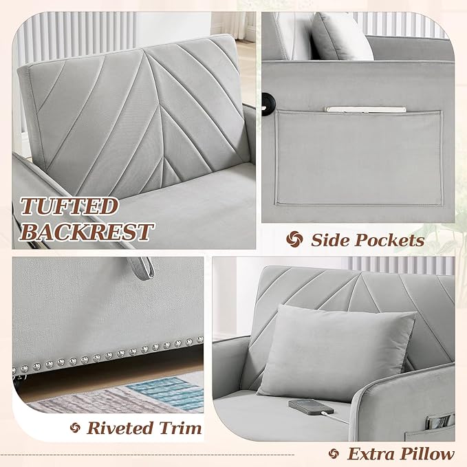 Convertible Sleeper Chair Bed3 in 1 Velvet Tufted Upholstered Single Sleeper Sofa with Adjustable Backrest&ampUSB PortPull Out Recliner Lounger Bed for Living RoomOfficeApartmentSmall Space(Grey