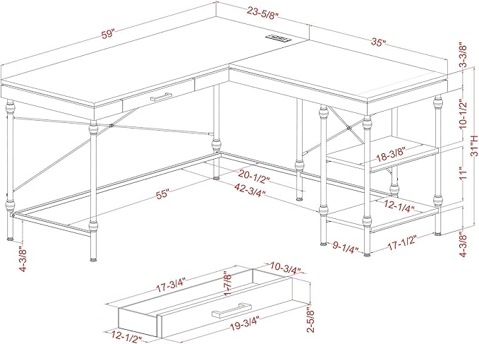 24/7 Shop at Home Monier Farmhouse Metal 2 Shelves Corner Computer Desk with USB Port Power Outlet 1 Drawer for Workstation Home Office Study Room Oak Brown