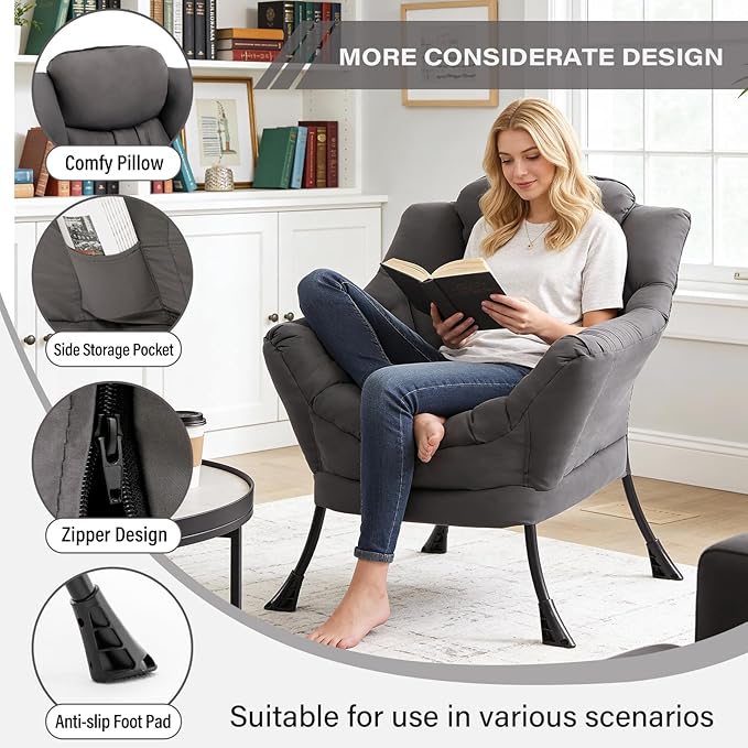 Lazy Chair Modern Accent Chair with Armrests Side Pocket &amp Metal Frame Comfy Leisure Chair for Living Room Bedroom Dorm &amp Office Dark Grey