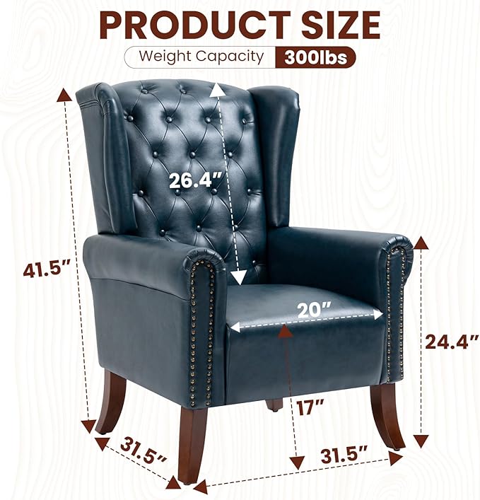 Faux Leather Accent Chair Mid-Century Armchair Upholstered Club Sofa Chair with Wooden Legs High Back Living Room Chair for Bedroom Office Lounge (Blue)