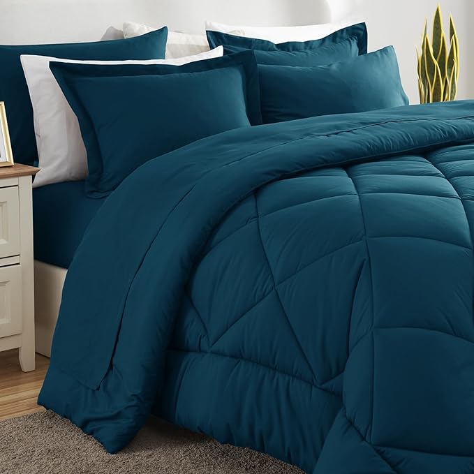 CozyLux King Size Comforter Set Lyons Blue - 7 Pieces Bed in a Bag King Luxury Soft Bed Set for All Seasons Bedding Set with Down Alternative Comforter Sheets Pillowcases &amp Shams