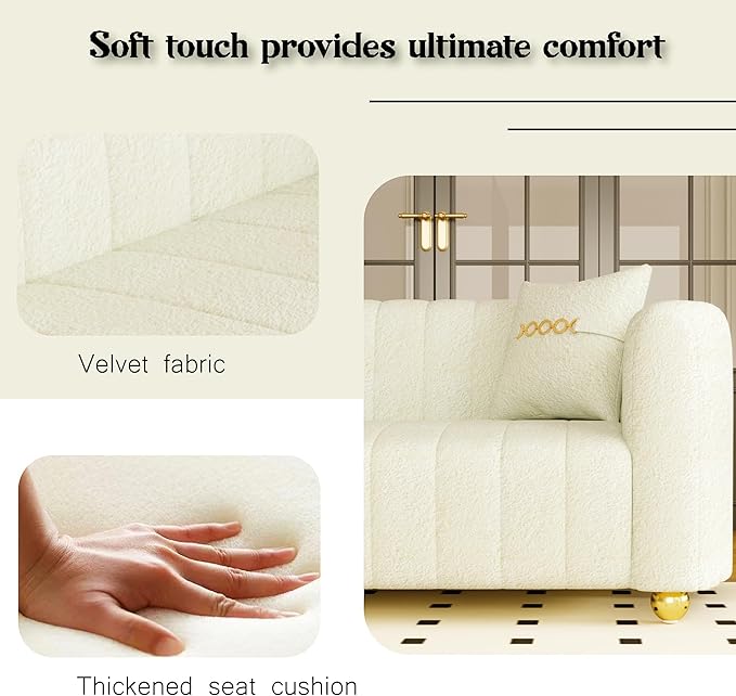 83 Velvet White Couch Modern Sofas for Living Room Cream Sofa 3 Seater Solid Wood Frame with Gold Metal Legs and Two Pillows Comfy Teddy Sofa ﻿