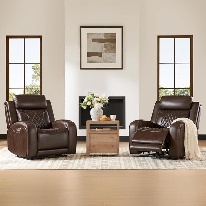 CHITA Genuine Leather Recliner Chair for Adults with Adjustable Power Headrest Lay Flat Power Recliner with Slide-Out Cupholders &amp USB/Type-C Ports Living Room Chair Brown
