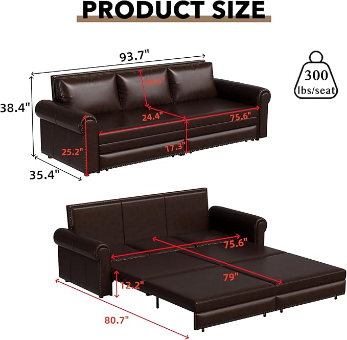 93.7 King Pull Out Sofa Bed Faux Leather Sleeper Sofa Couch 3 in 1 Convertible Futon Couches for Living Room Small Space Apartment Office Bedroom Modern Rivet Armrest Dark Brown