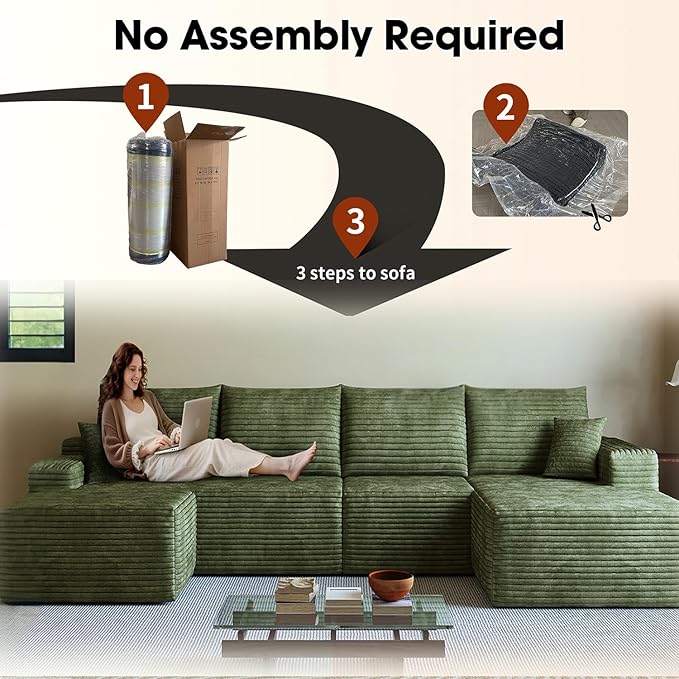 135.4 U Shaped Sectional Corduroy Boneless Couch with 1 Ottoman Modern Modular Couches for Living Room Apartments Upholstered Cloud Sofa with Deep Seat No Assembly Required (Green)