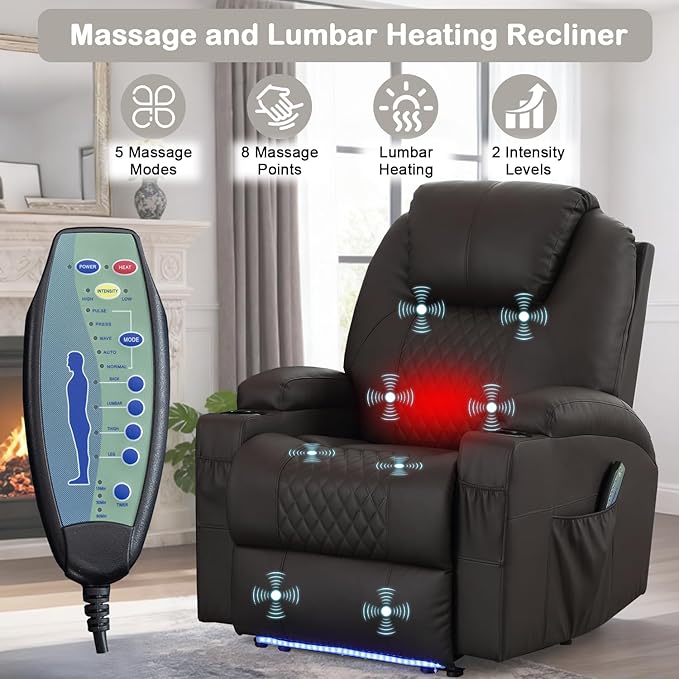 Power Recliner Chair with Heat and Massage for Adults - Home Theater Seating with LED LightsCup HoldersSide PocketUSB Port - Recliner Sofa for Living Room