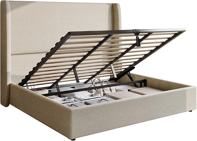AMERLIFE Lift Up Storage Bed King Size Linen Upholstered Platform Bed Frame Hydraulic StorageModern Wingback Headboard No Box Spring Needed Khaki