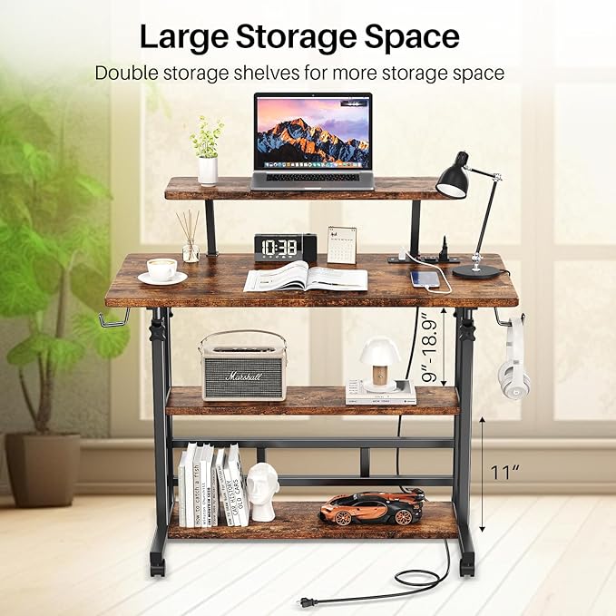 Adjustable Height Standing Desk with Power Outlets Rolling Stand Up Desk with Monitor Stand and Storage Shelves 31.5 Small Mobile Computer Desk Portable Laptop Table (Retro Brown)