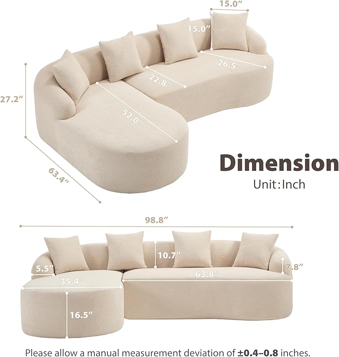 DEINPPA L Shape Modular Couch 3-Seater Chenille Comfy Couch with Throw Pillows Modern Cloud Sofa for Living Room Apartment-Beige