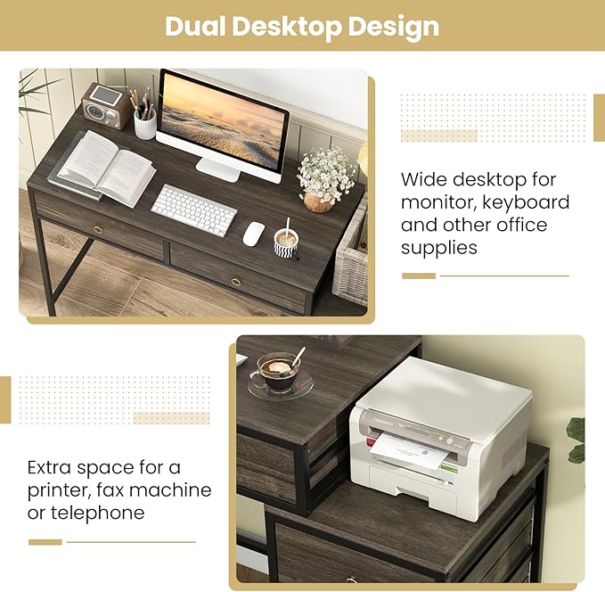 Tangkula Computer Desk with 5 Drawers 51 Home Office Desk with Printer Stand Metal Frame Study Writing Table Industrial Computer Workstation PC Desk for Bedroom Office Small Spaces (Grey)