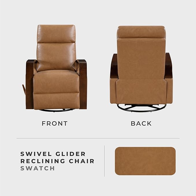 Lexicon 360 Degree Swivel Glider Reclining Chair Breathable Faux Leather Manual Recliner Comfy Nursery Glider Recliner Wood Arms Pull Handle for Living Room/Office/Bedroom/Apartment Camel Brown
