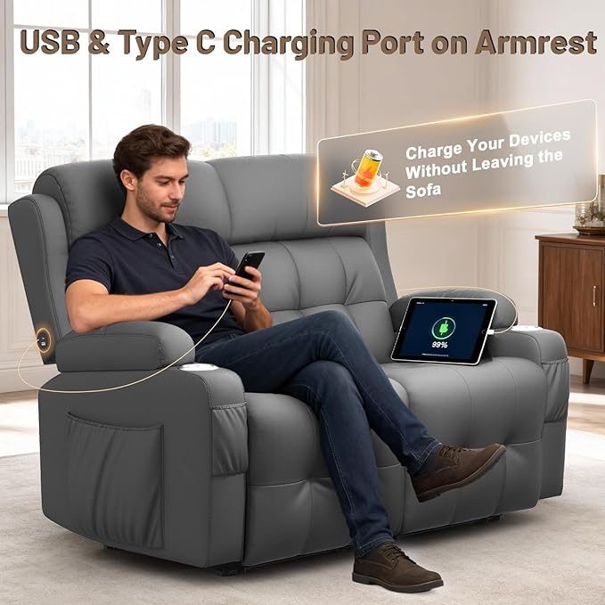 Reclining Loveseat Wall-Hugger Loveseat Recliner Design with USB/Type C Charging &amp Storage &amp Cupholder Pebble-Weave Fabric Recliner Sofa Couch for Living Room Home Theater &amp RV Use