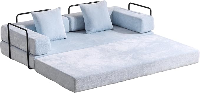 Convertible Sleeper Sofa Bed with Fixed-Shape Frame Floor Sofa Lounge Couch with Cylindrical Pillow Chenille Folding Mattress Couch for Living Room Bedroom-Light Blue
