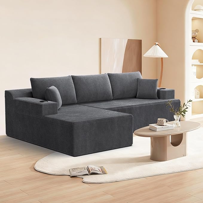 105 Modular Sectional Couch L-Shaped Sofa with Plush Corduroy Fabric Boneless Couches for Living Room Cloud Sofa Deep Seat Corner Couch with 3 Back Pillows &amp 2 Accent Pillows Grey
