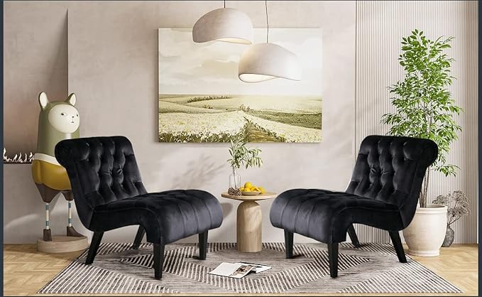 KINFFICT Velvet Accent Lounge Chair for Living Room Modern Leisure Chair with Tufted Backrest Indoor Armless Side Chair Upholstered Bedroom Sleeper Chairs with Solid Wood Legs