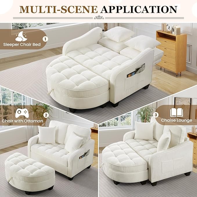 Oversized Chair and A Half Chenille Tufting Accent Cozy Reading Sofa Chair with Storage Ottoman Upholstered Loveseat Chaise Lounge Sofa with Adjustable Back for Living Room Office Sunroom Beige