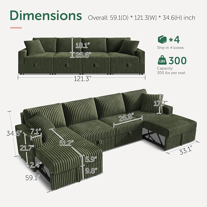 HONBAY 121.3 Inch Modular Sectional Sofa L &amp U Shaped Pull Out Couch with Adjustable Backrest &amp Storage Velvet Green