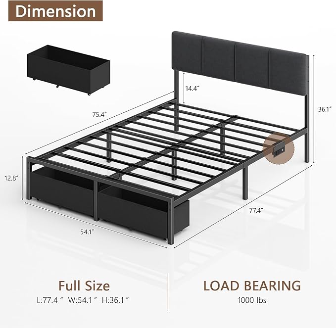 Furnulem Full Size Bed Frame with Headboard Upholstered Full Bed Frame with LED Light USB Charging Station Platform Bedframe with 2 Fabric Underbed Storage Drawers No Spring Box Needed