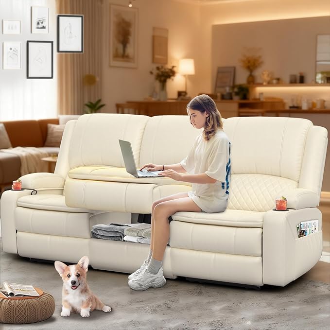 3-Seater Recliner Sofa Manual Reclining Couch with Multi-Functional Middle Seat Reclining Sofa for Living Room with Hidden Storage Space Cup Holders and Removable Console
