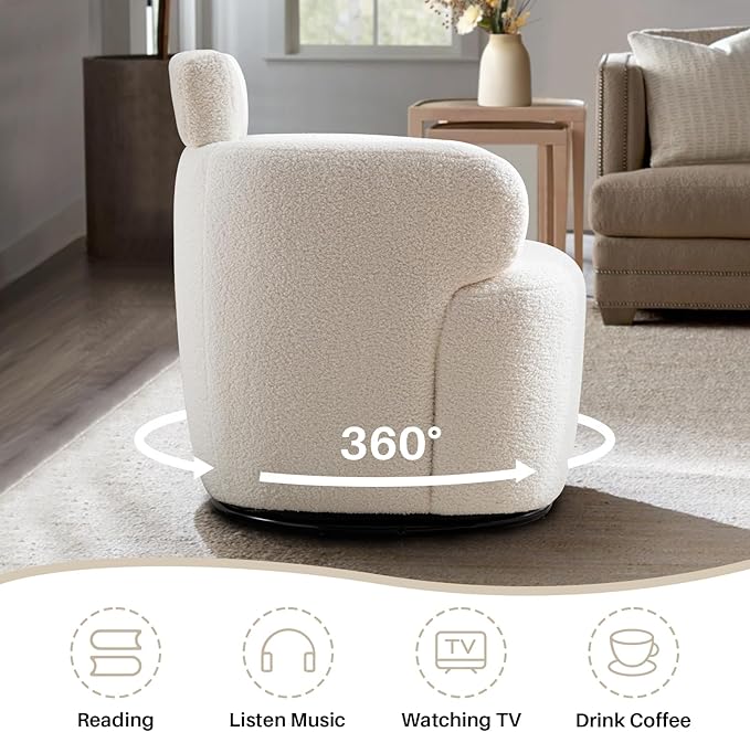 Small Swivel Accent Chair 360°Barrel Boucle Round Modern Armchair Tufted Upholstered Single Sofa Chair with Adjustable Headrest Living Room for Bedroom Office Teddy Sherpa Ivory