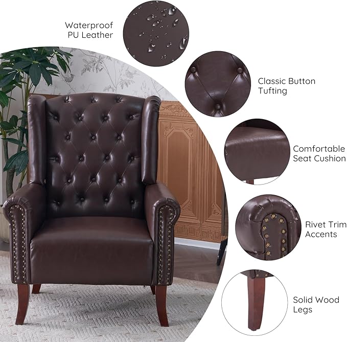 MOJAY PU Leather Accent Chair Mid-Century Living Room Sofa Chair Upholstered Arm Chair with Sturdy Wooden Legs Faux Leather Club Chair for Bedroom Study Home Office Reception (Caramel)