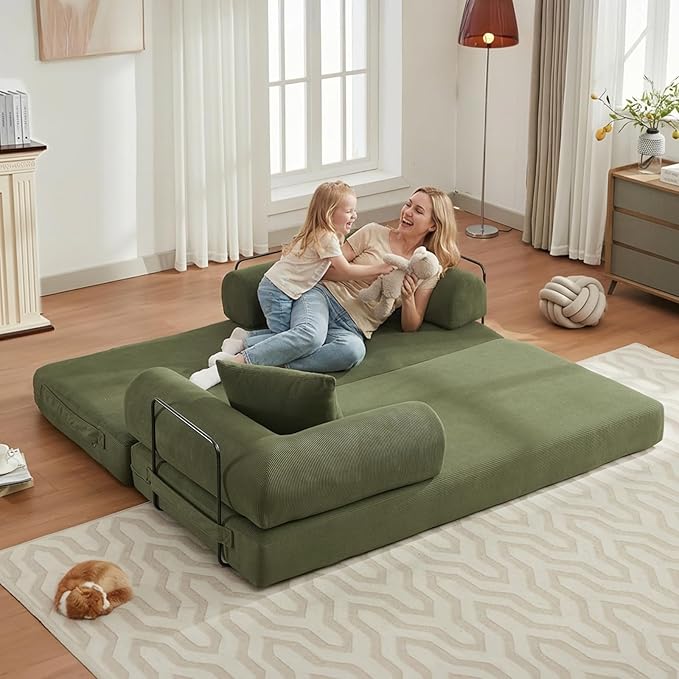 79 Convertible Folding Sofa Bed 4-in-1 DIY Combination Sleeper Sofa Bed Upholstered King Size Sleeper Couch Corduroy Floor SofaBed Boneless Couch for Living Room Bedroom Lounge (Green)